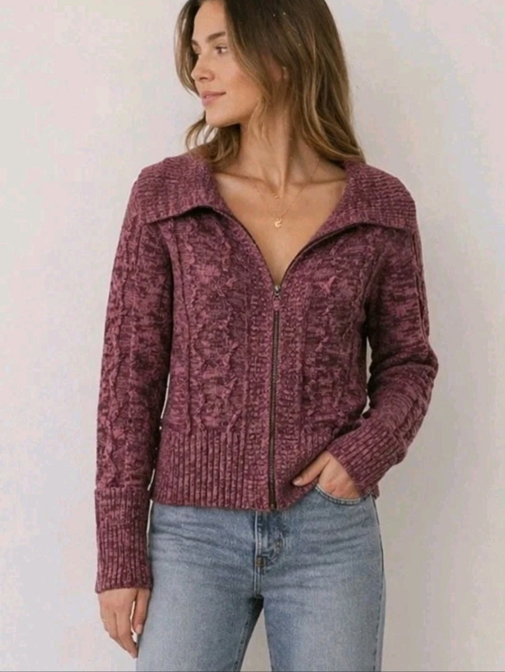 DKNY Jeans Zip Front Knit Sweater Jacket Mauve Collared Womens Size M